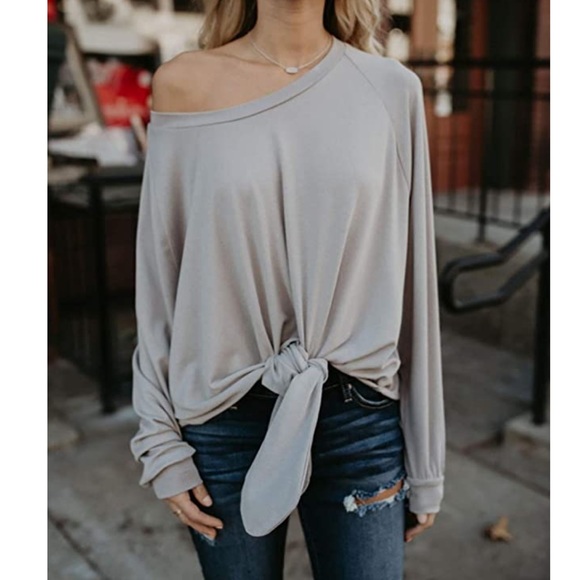 Gray Off Shoulder Long Sleeve Oversized Tie Knot - Picture 4 of 7